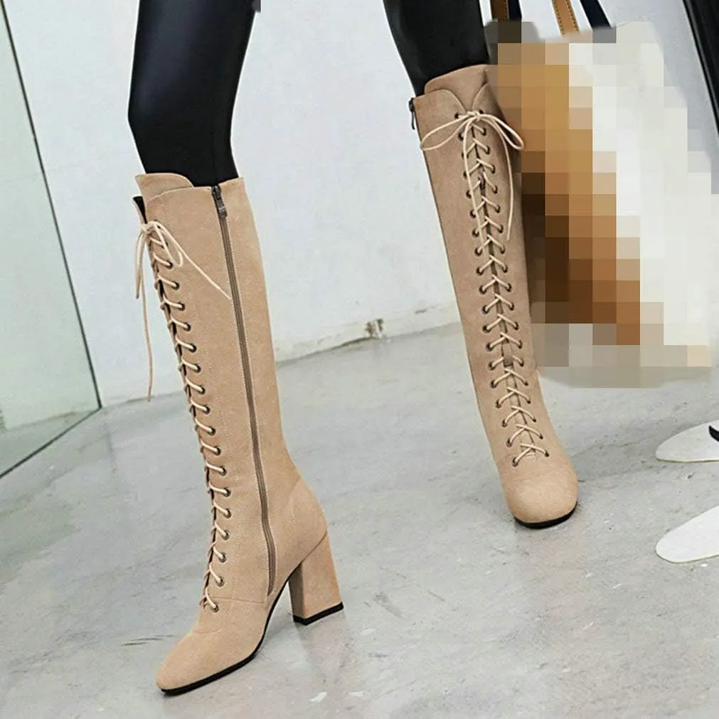 KOKOMOMO Womens Square Toe Chunky Heels Knee High Boots Lace Up High Heeled Combat Boots with Zip