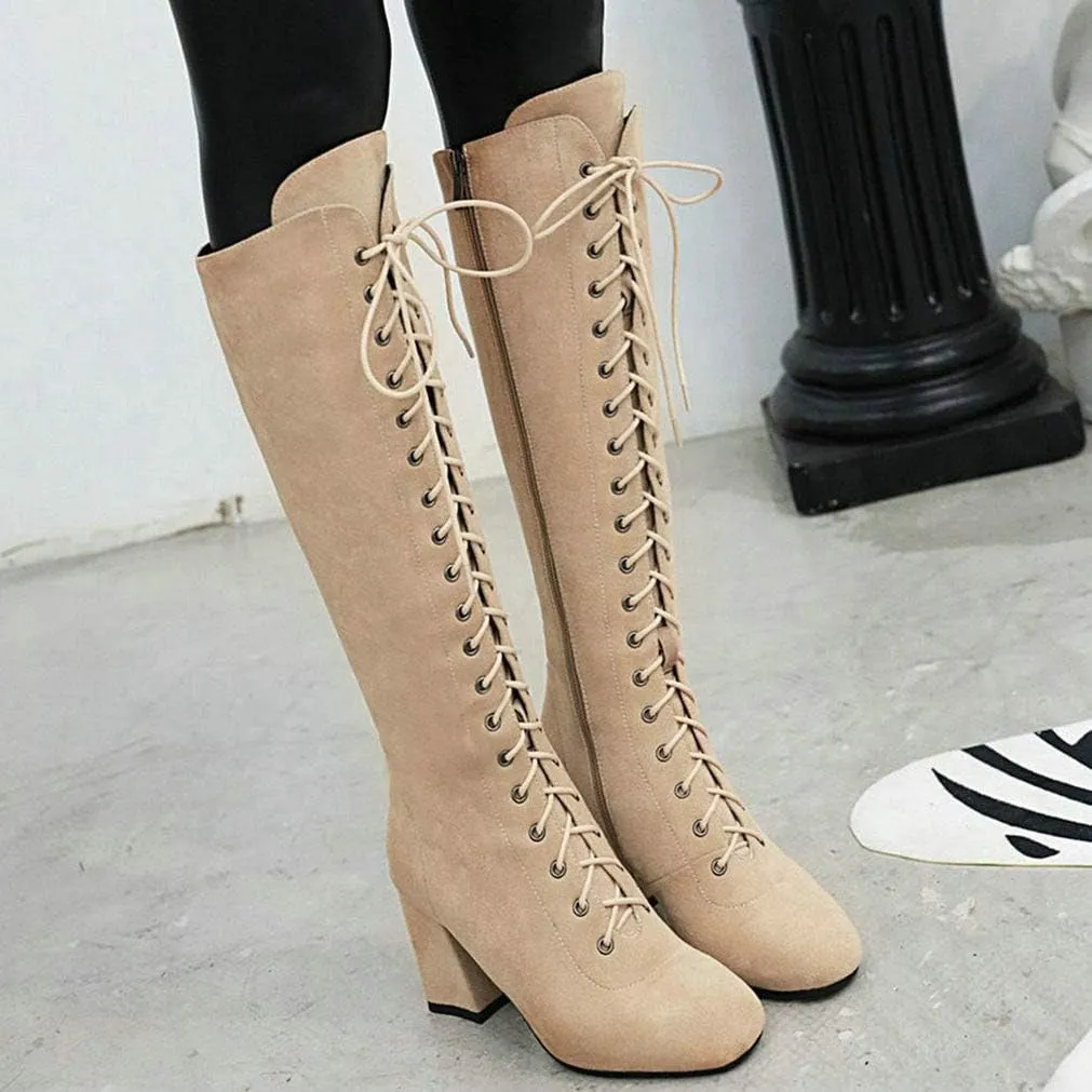 KOKOMOMO Womens Square Toe Chunky Heels Knee High Boots Lace Up High Heeled Combat Boots with Zip