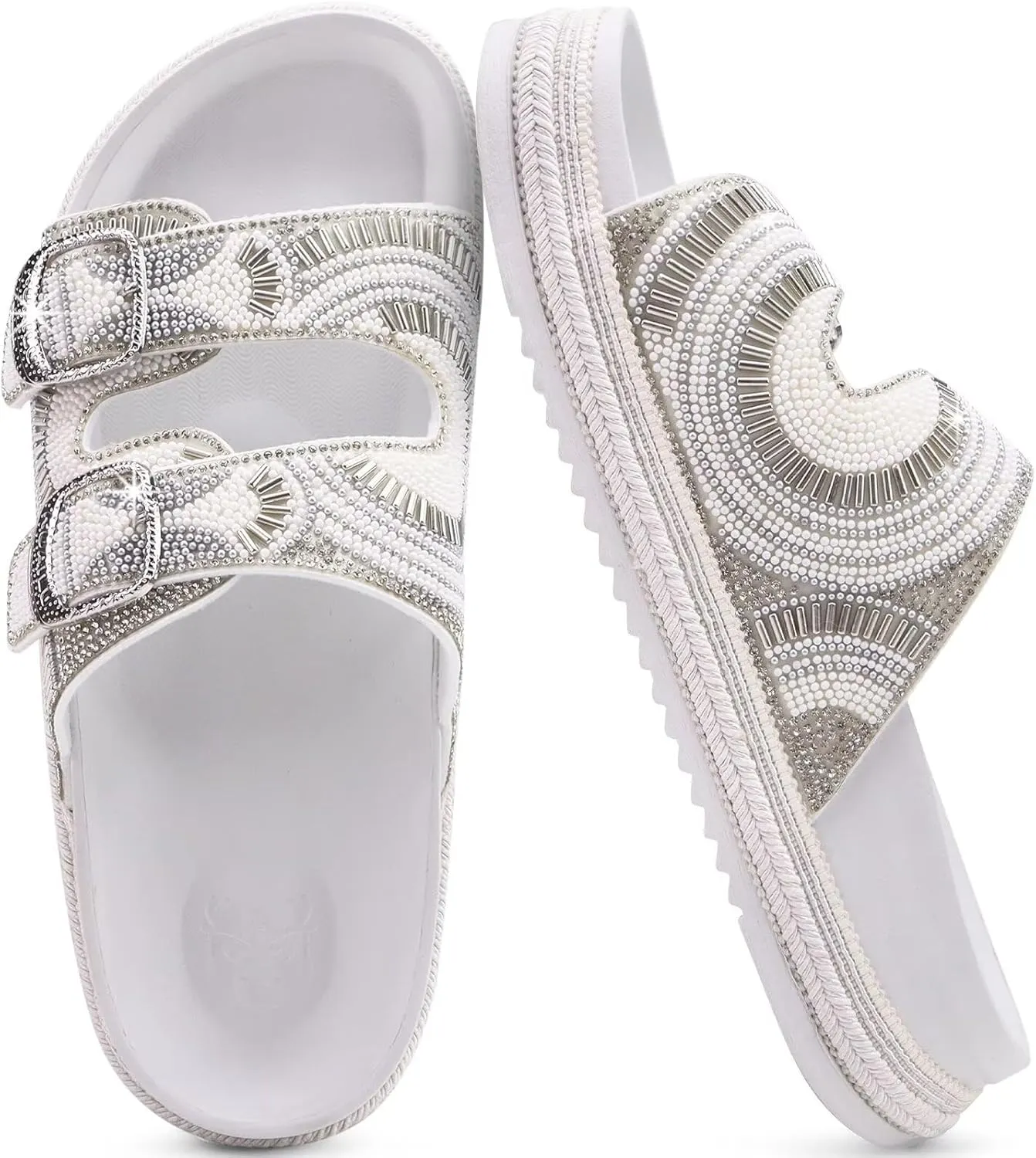 KuaiLu Womens Glitter Sandals with Arch Support Comfortable Orthopedic Cushion Recovery Slides Summer Fashion Sparkly Rhinestones Sandals Slip On Plantar Fasciitis Slippers for Indoor Outdoor
