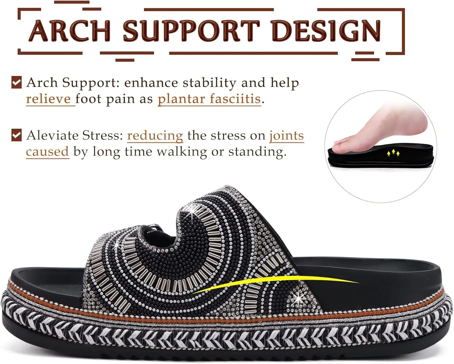 KuaiLu Womens Glitter Sandals with Arch Support Comfortable Orthopedic Cushion Recovery Slides Summer Fashion Sparkly Rhinestones Sandals Slip On Plantar Fasciitis Slippers for Indoor Outdoor