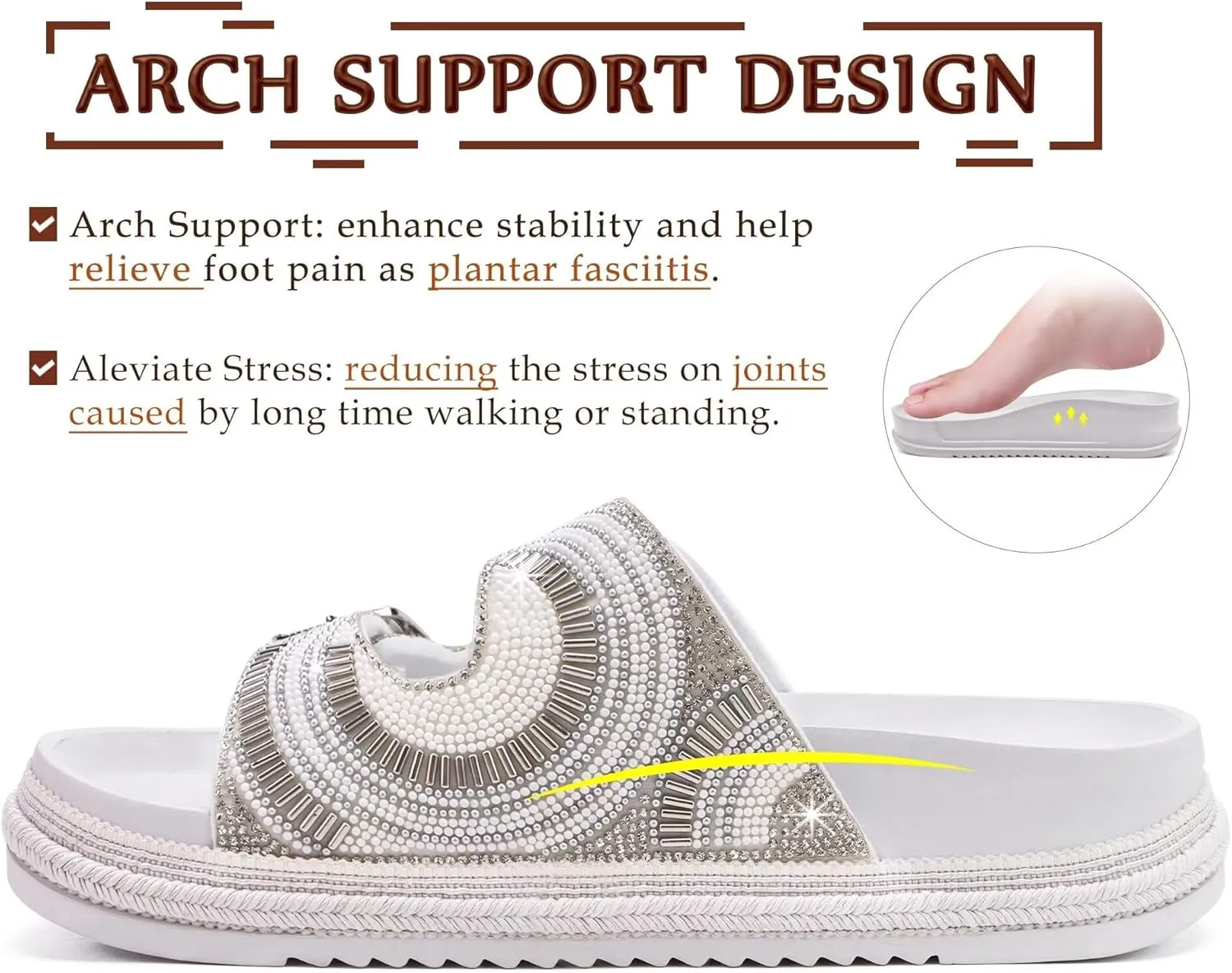 KuaiLu Womens Glitter Sandals with Arch Support Comfortable Orthopedic Cushion Recovery Slides Summer Fashion Sparkly Rhinestones Sandals Slip On Plantar Fasciitis Slippers for Indoor Outdoor