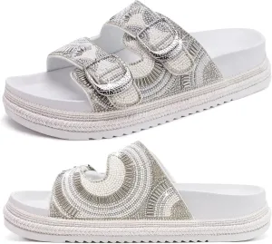 KuaiLu Womens Glitter Sandals with Arch Support Comfortable Orthopedic Cushion Recovery Slides Summer Fashion Sparkly Rhinestones Sandals Slip On Plantar Fasciitis Slippers for Indoor Outdoor