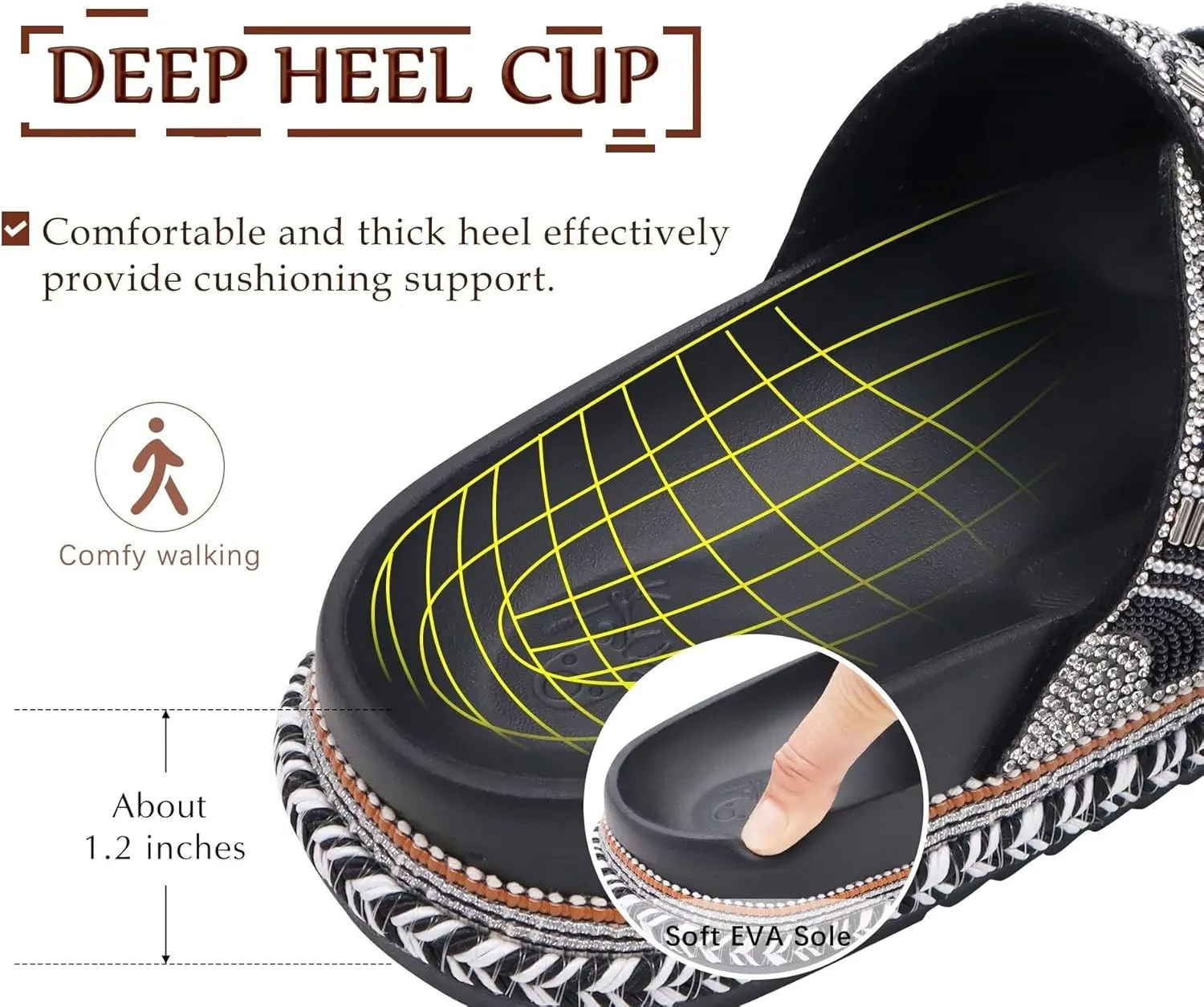 KuaiLu Womens Glitter Sandals with Arch Support Comfortable Orthopedic Cushion Recovery Slides Summer Fashion Sparkly Rhinestones Sandals Slip On Plantar Fasciitis Slippers for Indoor Outdoor