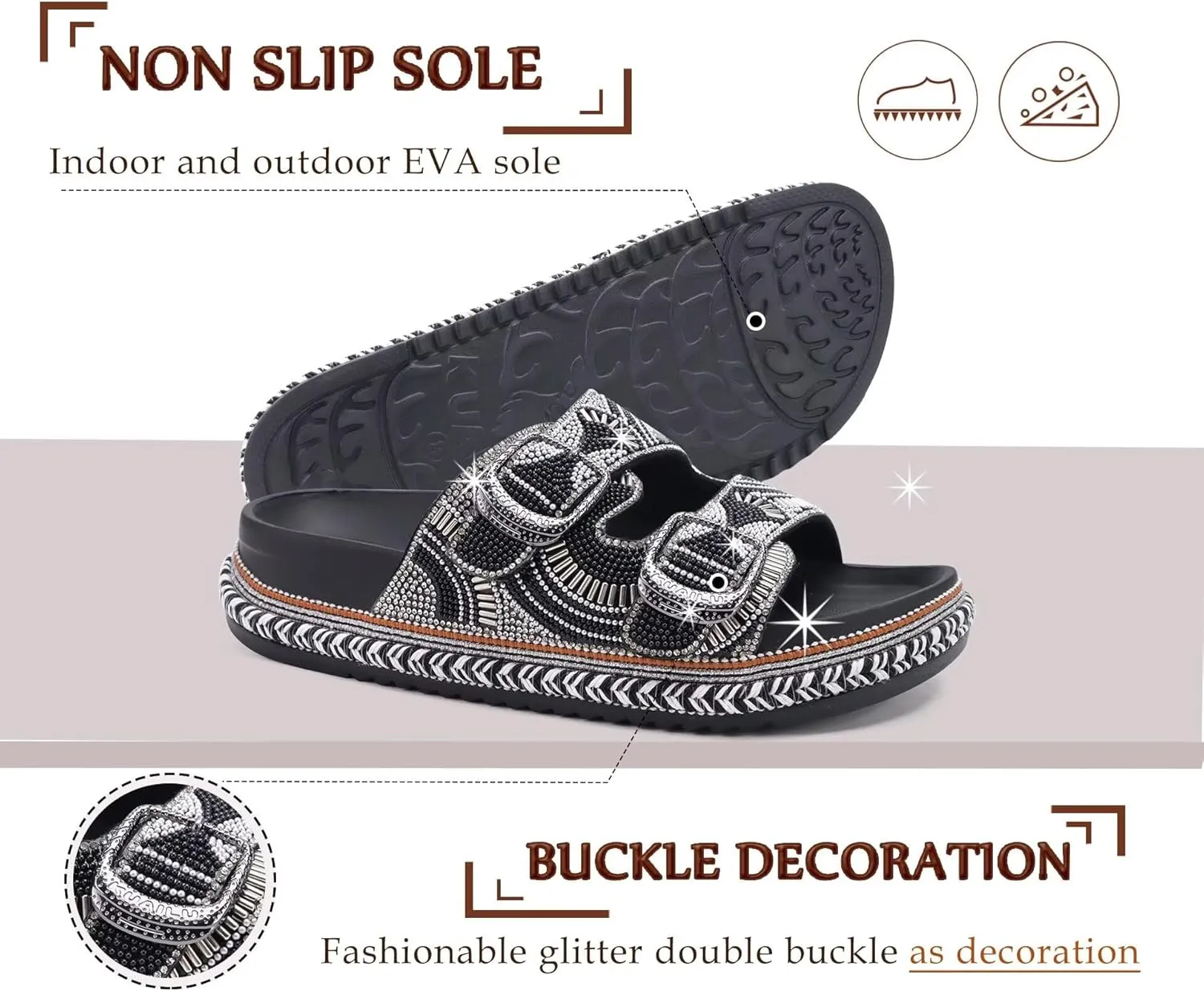 KuaiLu Womens Glitter Sandals with Arch Support Comfortable Orthopedic Cushion Recovery Slides Summer Fashion Sparkly Rhinestones Sandals Slip On Plantar Fasciitis Slippers for Indoor Outdoor