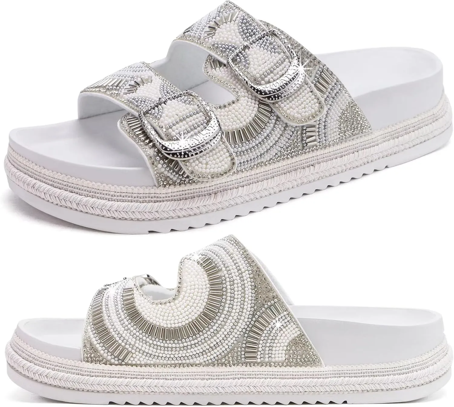 KuaiLu Womens Glitter Sandals with Arch Support Comfortable Orthopedic Cushion Recovery Slides Summer Fashion Sparkly Rhinestones Sandals Slip On Plantar Fasciitis Slippers for Indoor Outdoor