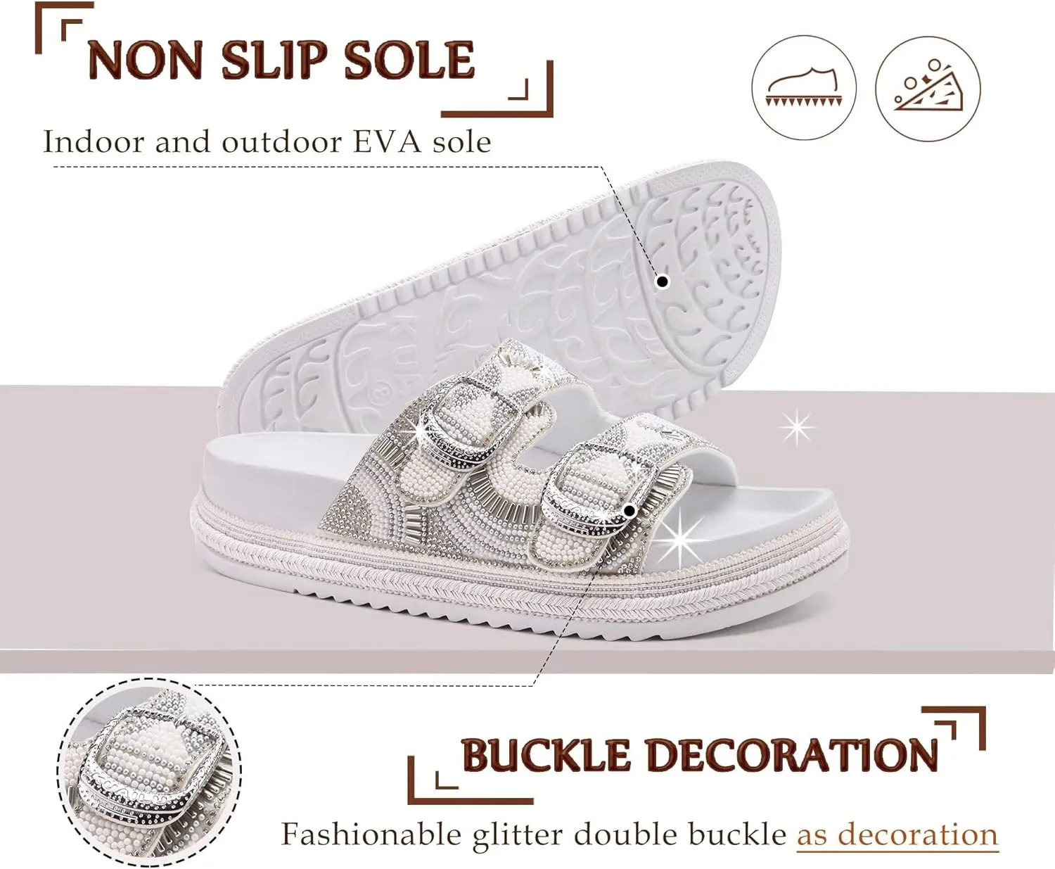 KuaiLu Womens Glitter Sandals with Arch Support Comfortable Orthopedic Cushion Recovery Slides Summer Fashion Sparkly Rhinestones Sandals Slip On Plantar Fasciitis Slippers for Indoor Outdoor