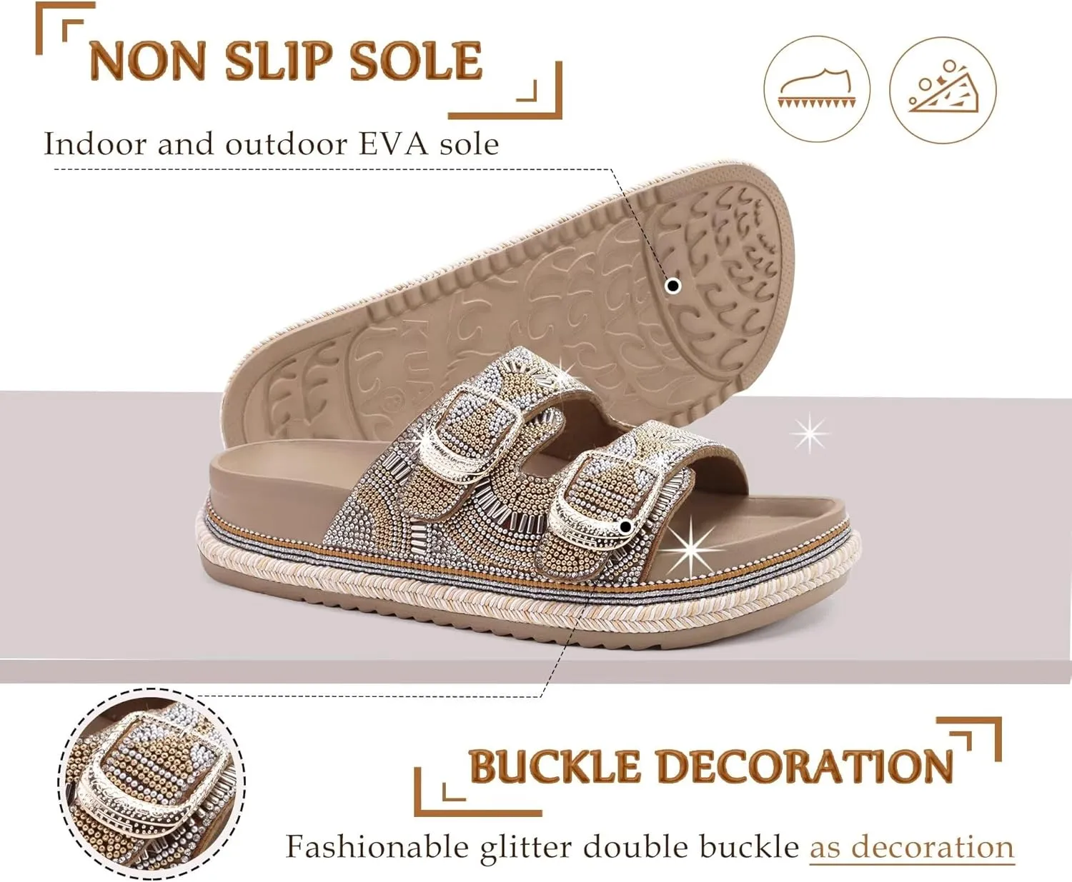 KuaiLu Womens Glitter Sandals with Arch Support Comfortable Orthopedic Cushion Recovery Slides Summer Fashion Sparkly Rhinestones Sandals Slip On Plantar Fasciitis Slippers for Indoor Outdoor