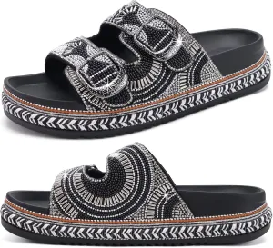 KuaiLu Womens Glitter Sandals with Arch Support Comfortable Orthopedic Cushion Recovery Slides Summer Fashion Sparkly Rhinestones Sandals Slip On Plantar Fasciitis Slippers for Indoor Outdoor