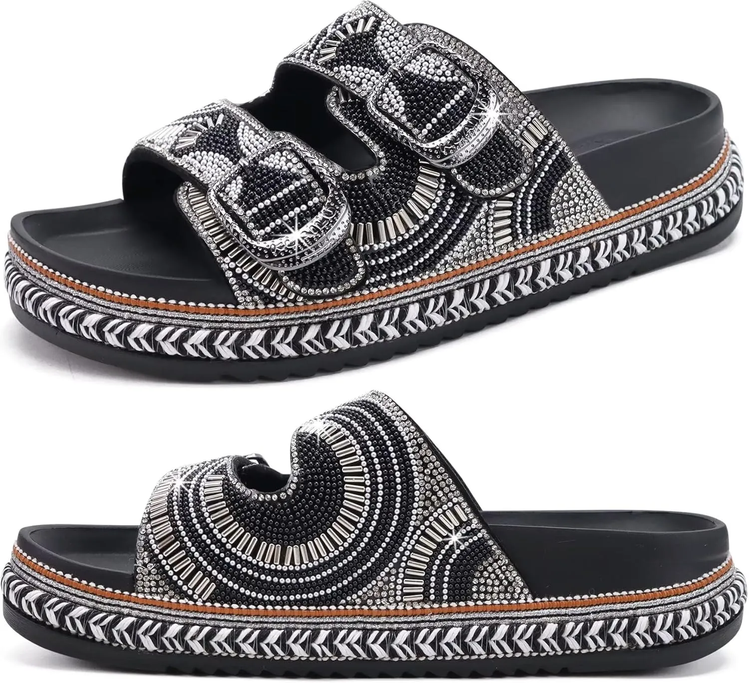 KuaiLu Womens Glitter Sandals with Arch Support Comfortable Orthopedic Cushion Recovery Slides Summer Fashion Sparkly Rhinestones Sandals Slip On Plantar Fasciitis Slippers for Indoor Outdoor