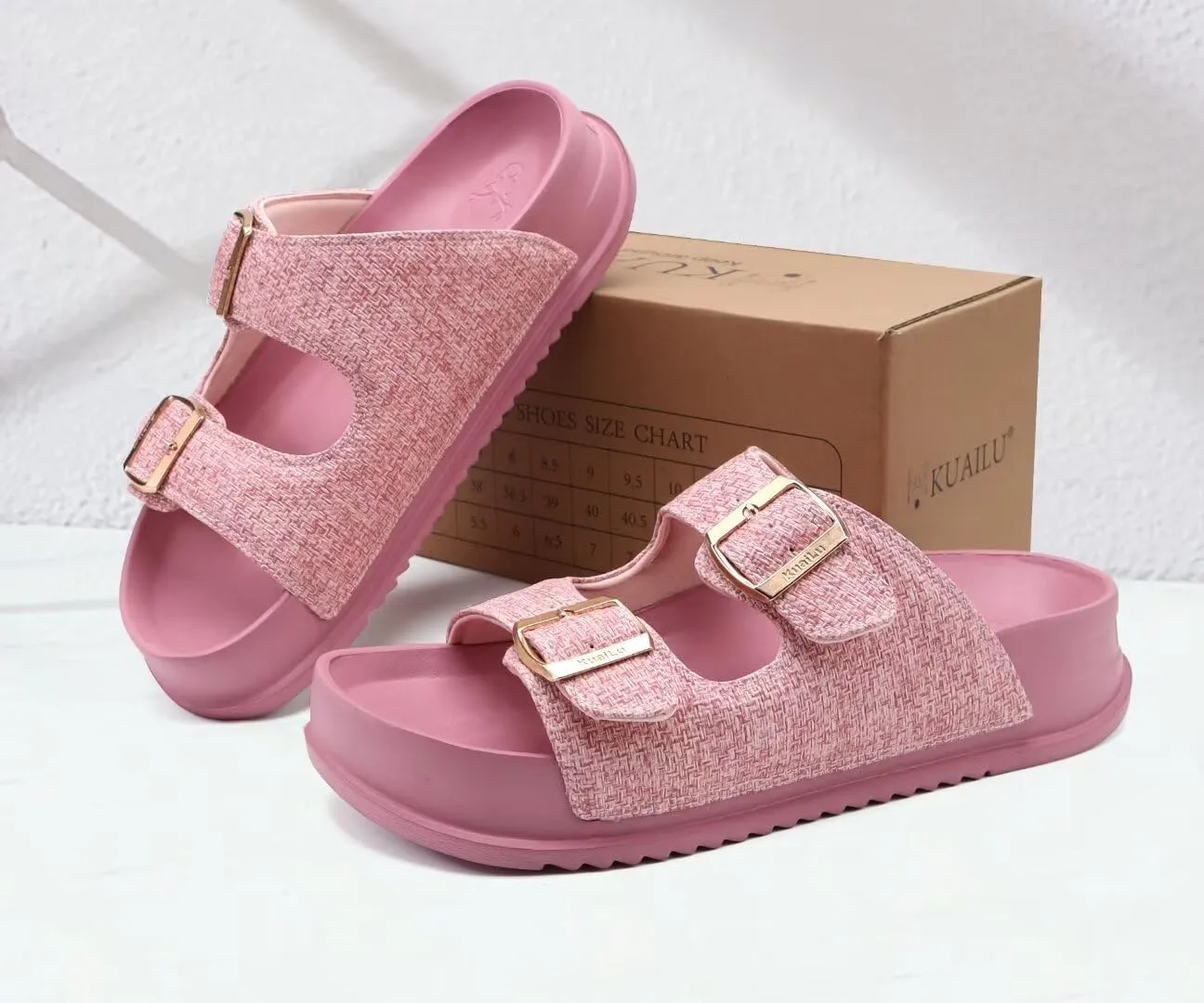 KuaiLu Womens Sandals with Arch Support Comfortable Orthopedic Cushion Recovery Slides Summer Fashion Leather Double Buckle Casual Slip On Plantar Fasciitis Shoes for Indoor&Outdoor (US Size 6-12)