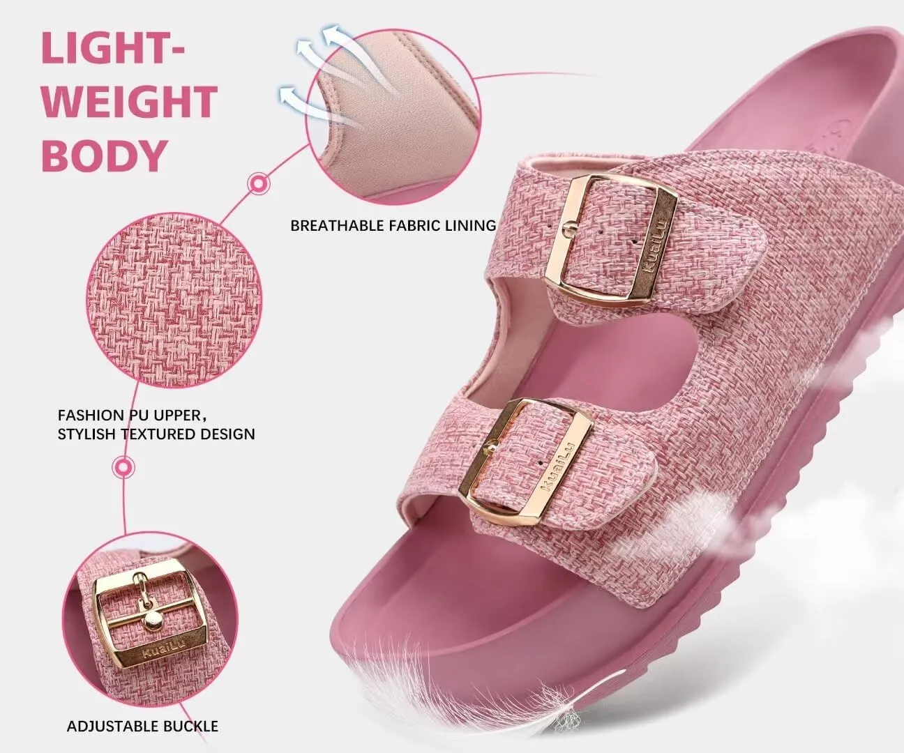 KuaiLu Womens Sandals with Arch Support Comfortable Orthopedic Cushion Recovery Slides Summer Fashion Leather Double Buckle Casual Slip On Plantar Fasciitis Shoes for Indoor&Outdoor (US Size 6-12)