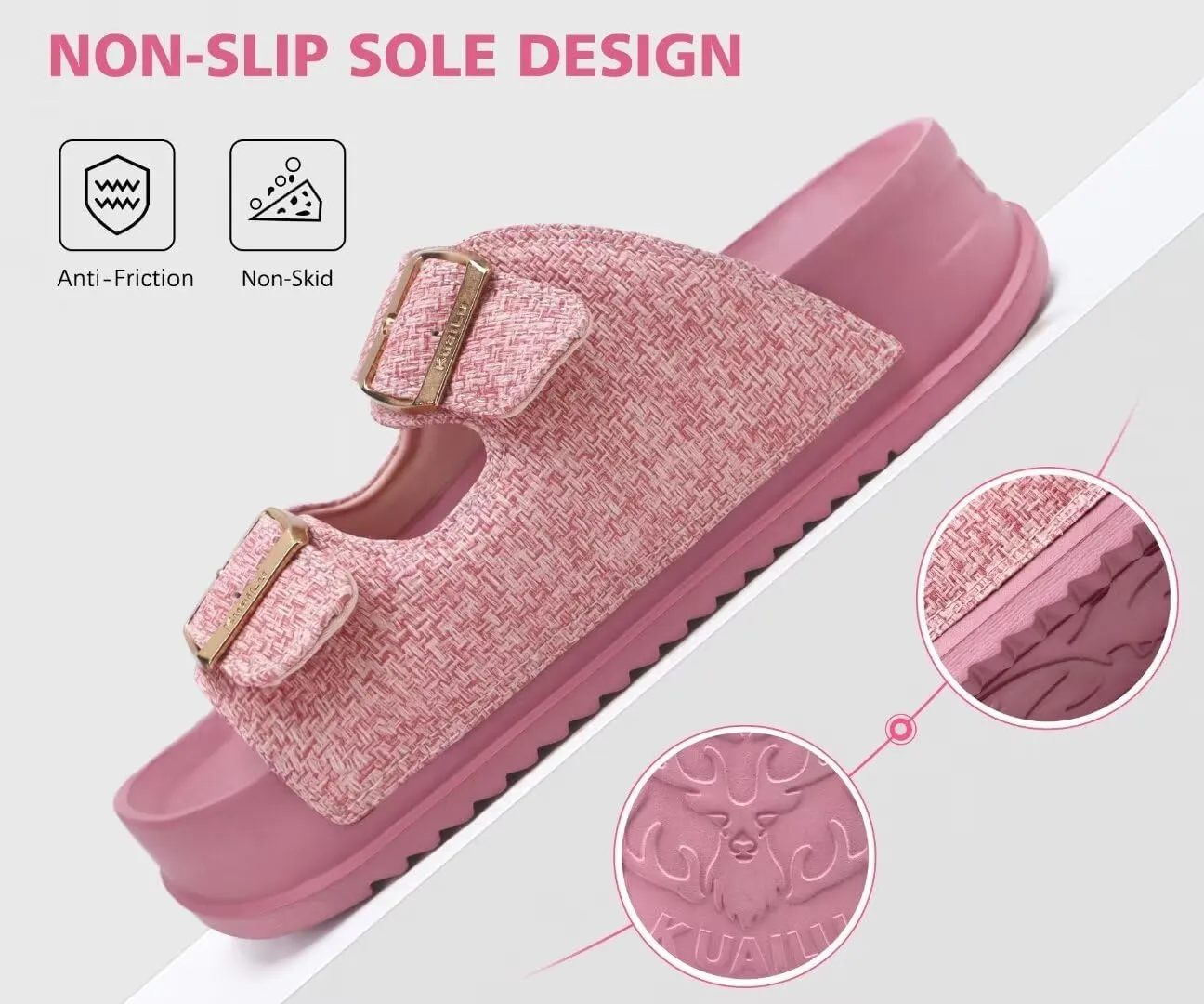 KuaiLu Womens Sandals with Arch Support Comfortable Orthopedic Cushion Recovery Slides Summer Fashion Leather Double Buckle Casual Slip On Plantar Fasciitis Shoes for Indoor&Outdoor (US Size 6-12)
