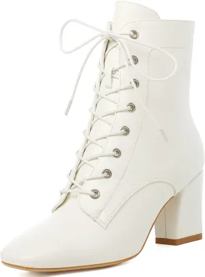 KysBloes Women Square Toe Ankle Boots Lace Up Chunky Heeled Booties Combat Block Heel Winter Boots Shoes