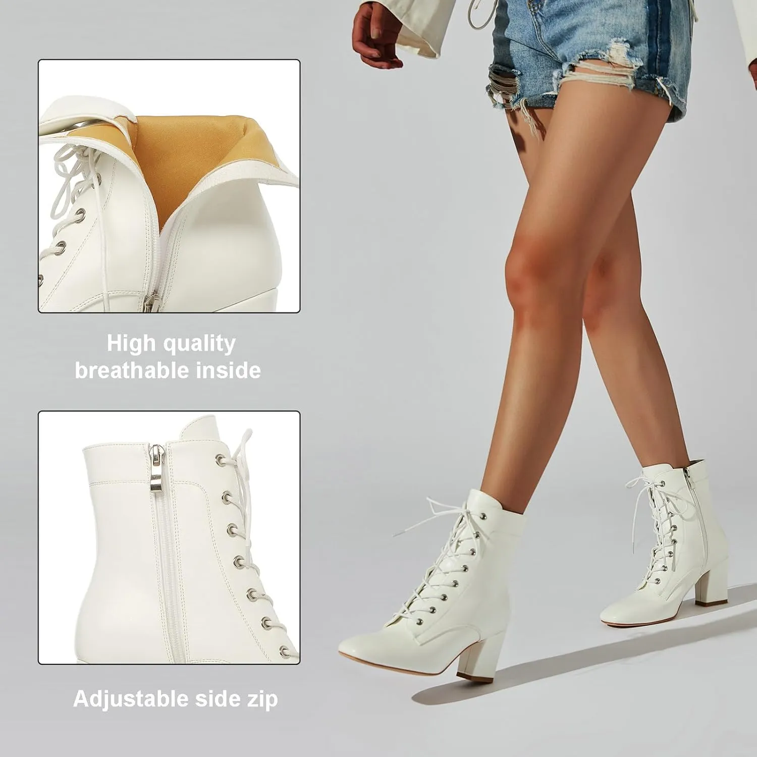 KysBloes Women Square Toe Ankle Boots Lace Up Chunky Heeled Booties Combat Block Heel Winter Boots Shoes