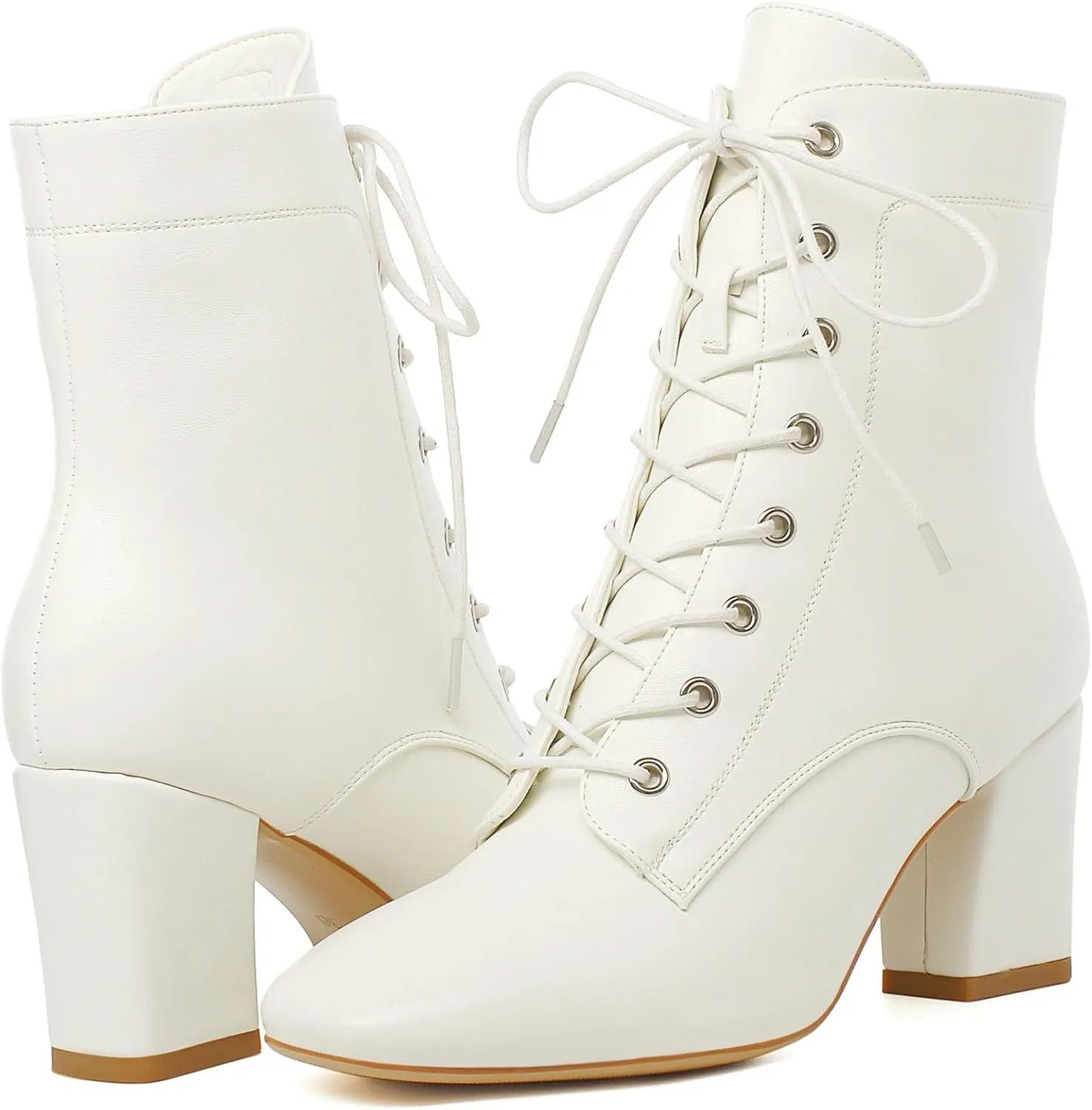 KysBloes Women Square Toe Ankle Boots Lace Up Chunky Heeled Booties Combat Block Heel Winter Boots Shoes