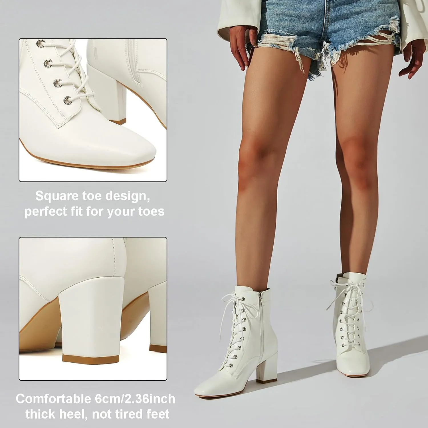 KysBloes Women Square Toe Ankle Boots Lace Up Chunky Heeled Booties Combat Block Heel Winter Boots Shoes