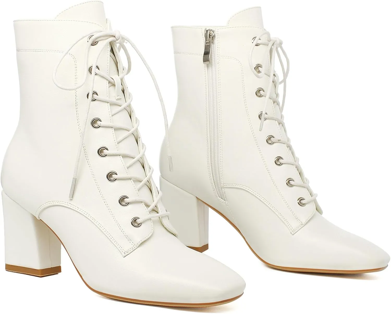 KysBloes Women Square Toe Ankle Boots Lace Up Chunky Heeled Booties Combat Block Heel Winter Boots Shoes