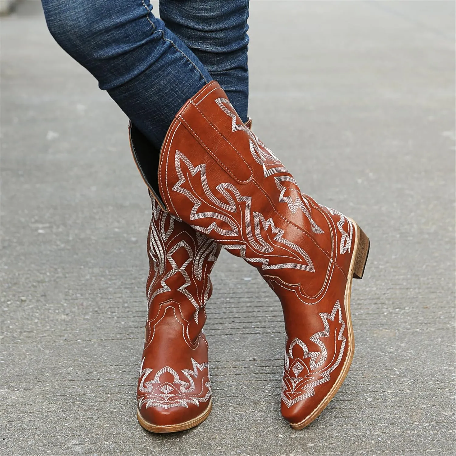 Ladmiple Cowboy Boots For Women Wide Calf Knee High Embroidered Pull On Cowgirl Boots Chunky Heel Western Mid Calf Boots
