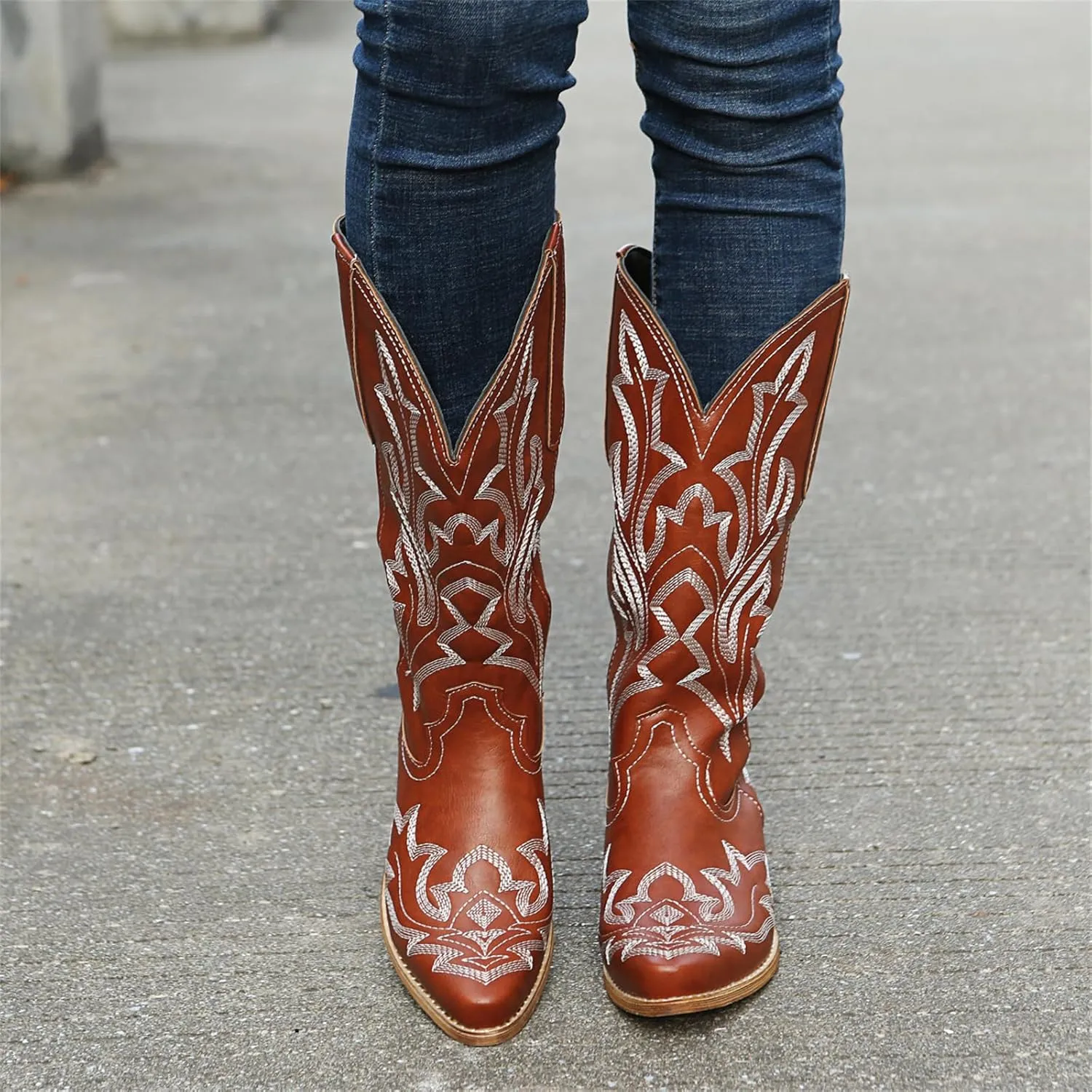 Ladmiple Cowboy Boots For Women Wide Calf Knee High Embroidered Pull On Cowgirl Boots Chunky Heel Western Mid Calf Boots