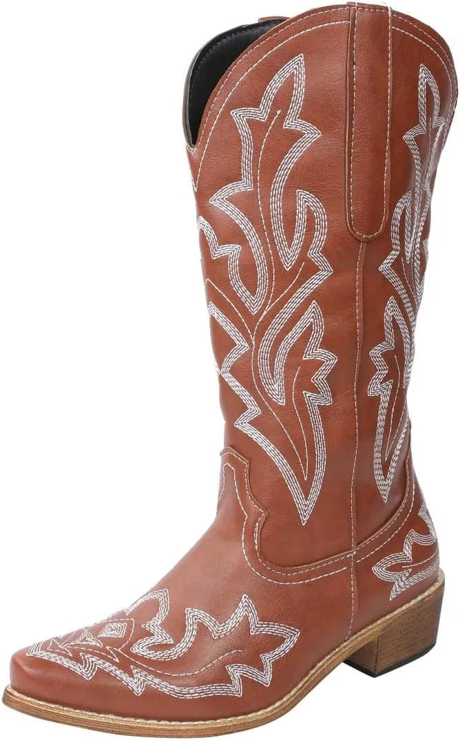 Ladmiple Cowboy Boots For Women Wide Calf Knee High Embroidered Pull On Cowgirl Boots Chunky Heel Western Mid Calf Boots
