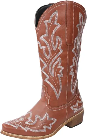 Ladmiple Cowboy Boots For Women Wide Calf Knee High Embroidered Pull On Cowgirl Boots Chunky Heel Western Mid Calf Boots