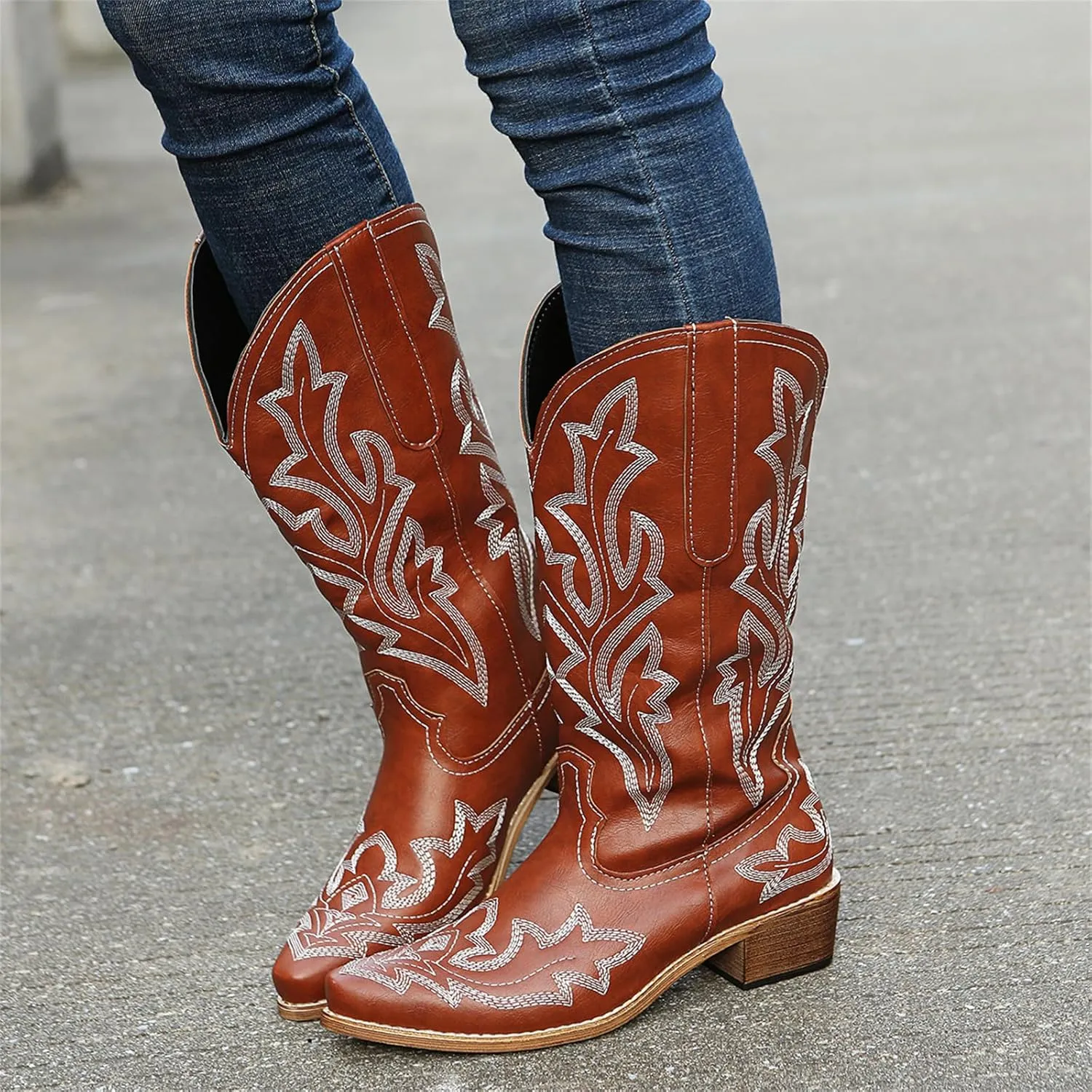 Ladmiple Cowboy Boots For Women Wide Calf Knee High Embroidered Pull On Cowgirl Boots Chunky Heel Western Mid Calf Boots