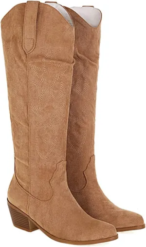 Ladmiple Cowboy Boots For Women Wide Calf Low Heel Cowgirl Embroidered Western Boots Pointed Toe Chunky Heel Pull On Boots