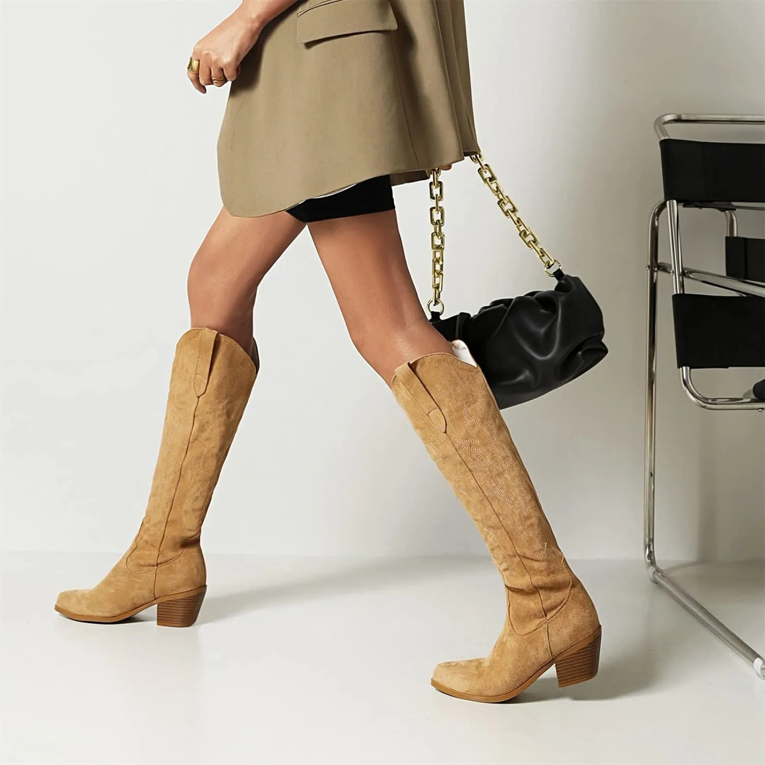 Ladmiple Cowboy Boots For Women Wide Calf Low Heel Cowgirl Embroidered Western Boots Pointed Toe Chunky Heel Pull On Boots