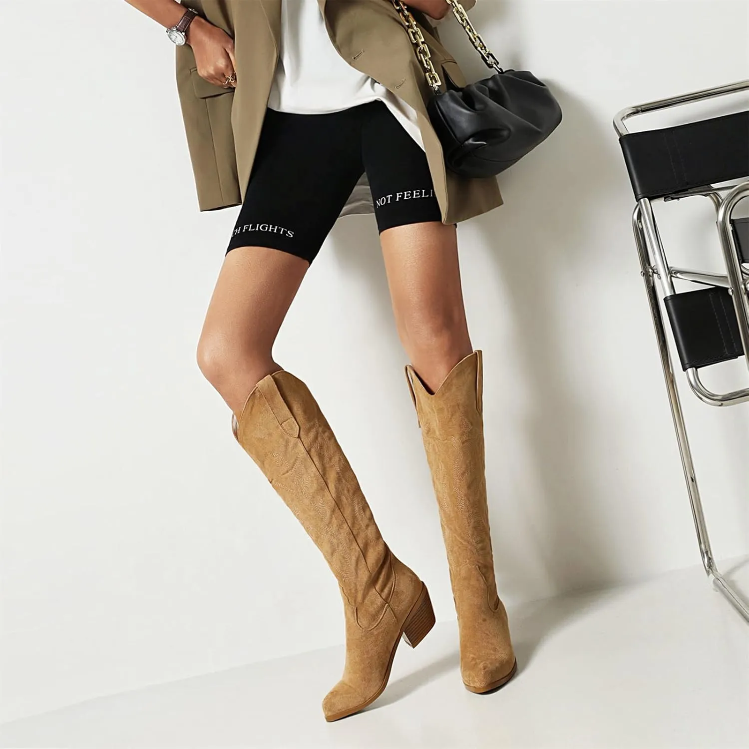 Ladmiple Cowboy Boots For Women Wide Calf Low Heel Cowgirl Embroidered Western Boots Pointed Toe Chunky Heel Pull On Boots