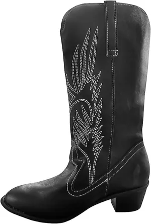 Lausiuoe Cowboy Boots For Women Wide Calf Low Heel Western Cowgirl Boots Knee High Embroidered Fashion Retro Boot Pull-On