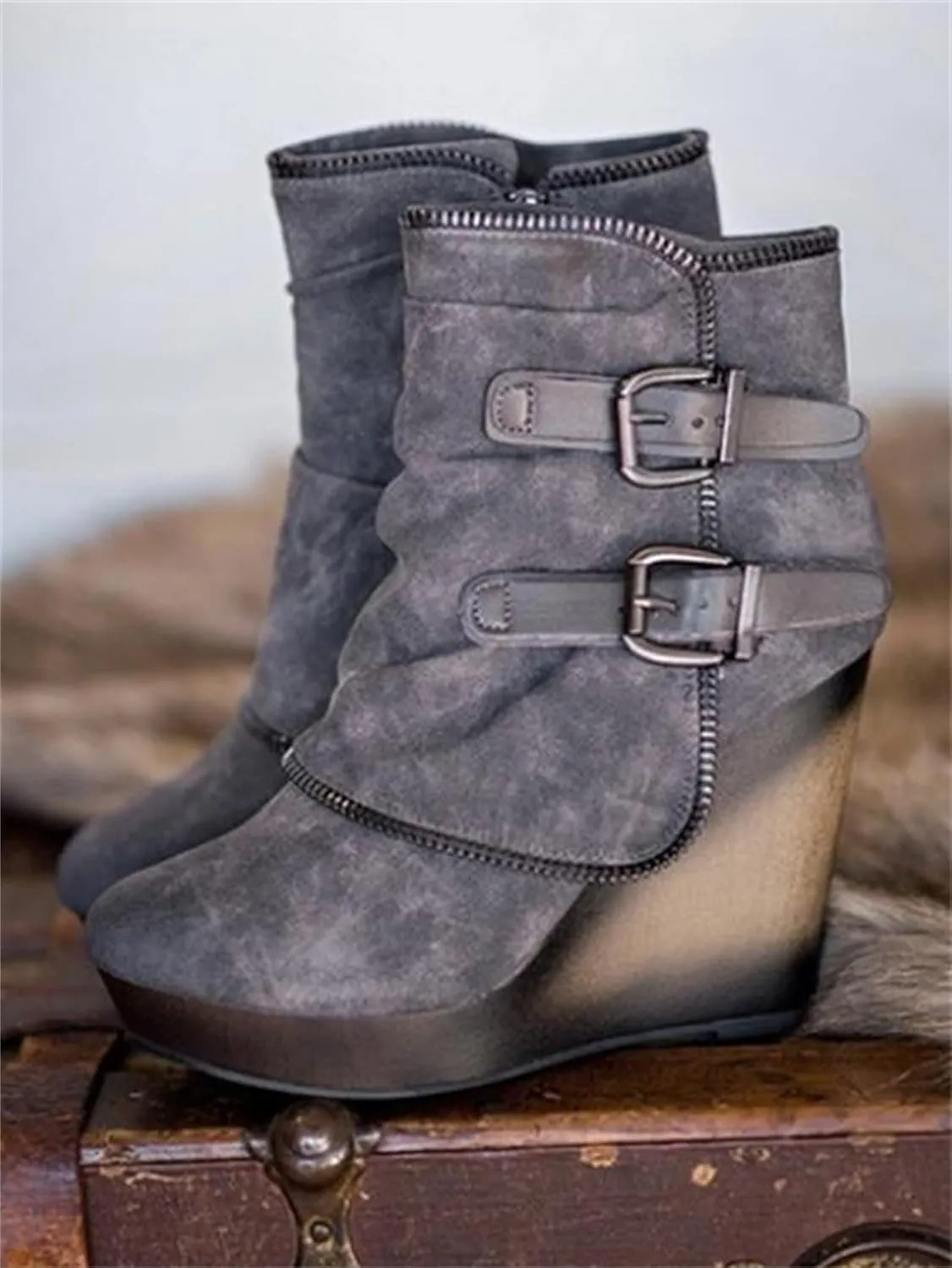 Lausiuoe Wedge Booties For Women Closed Toe Ankle Boots Slip on Heeled Casual Fashion Western Platform Fall Booties