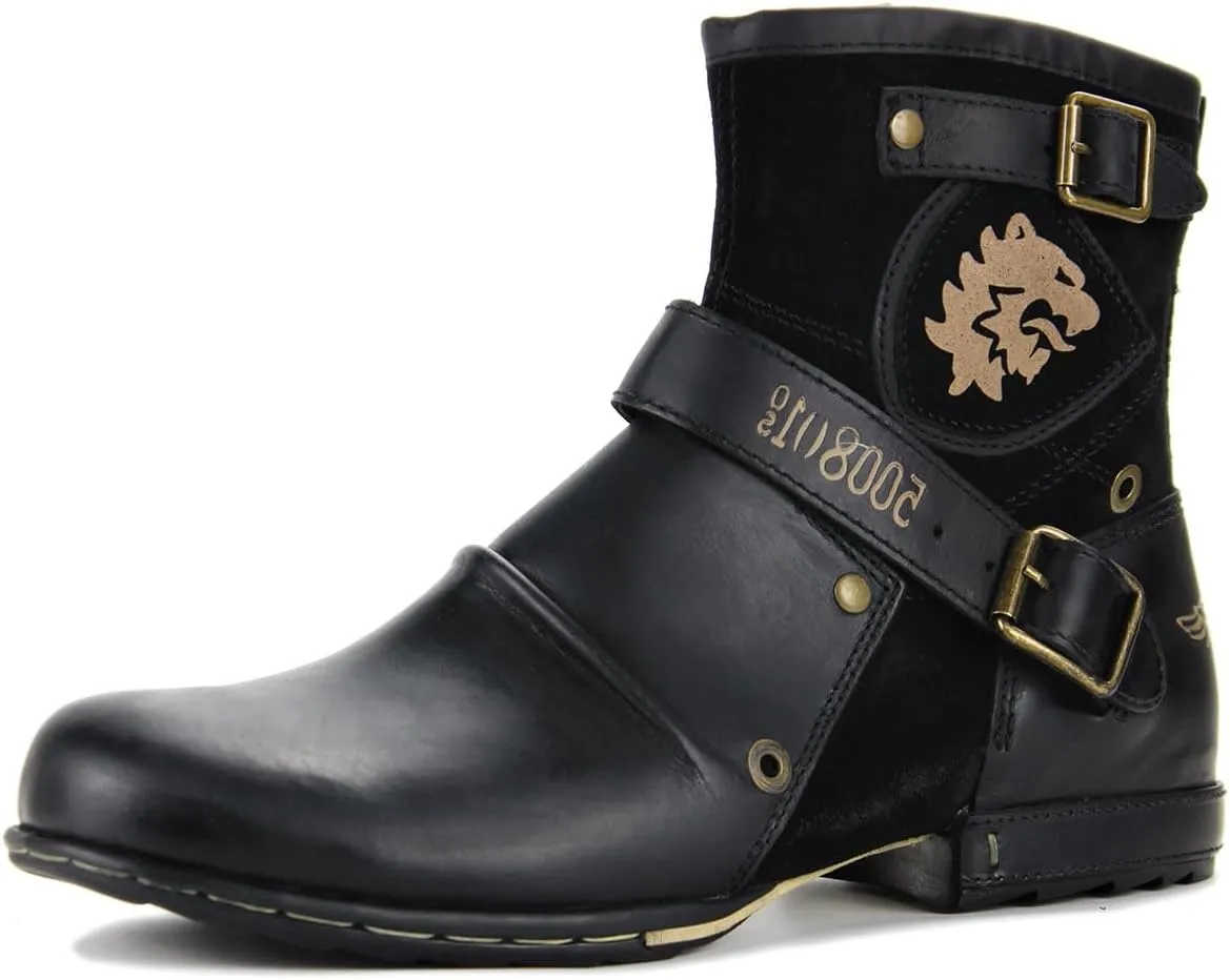 Leather Casual Motorcycle Combat Hiking Dress Ankle Boots for Men with Side Zipper