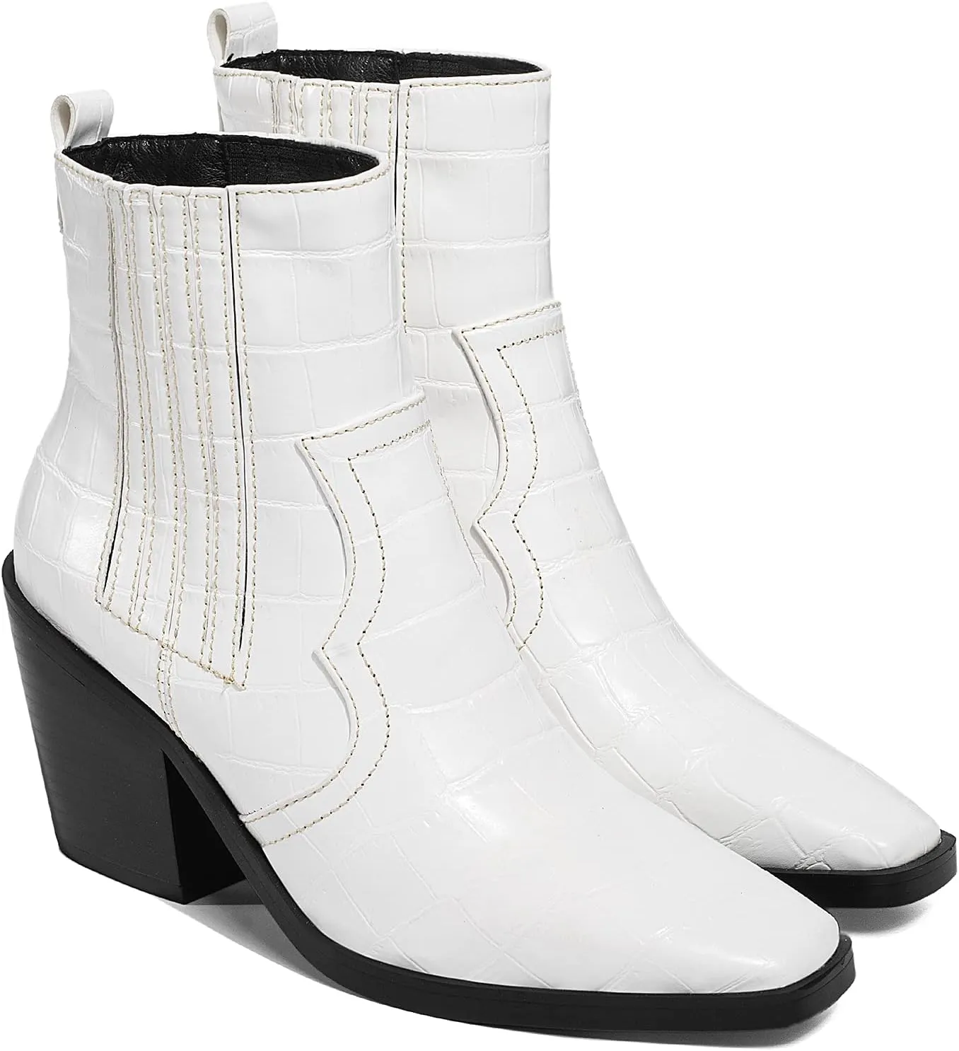 LEHOOR Chunky Stacked Heel Western Cowboy Boots for Women Crocodile Square Toe Pull On Cowgirl Boots Booties Embroidered Matte Leather Low Heel Combat Booties Vintage Dressy Fashion Casual 4-11 M US