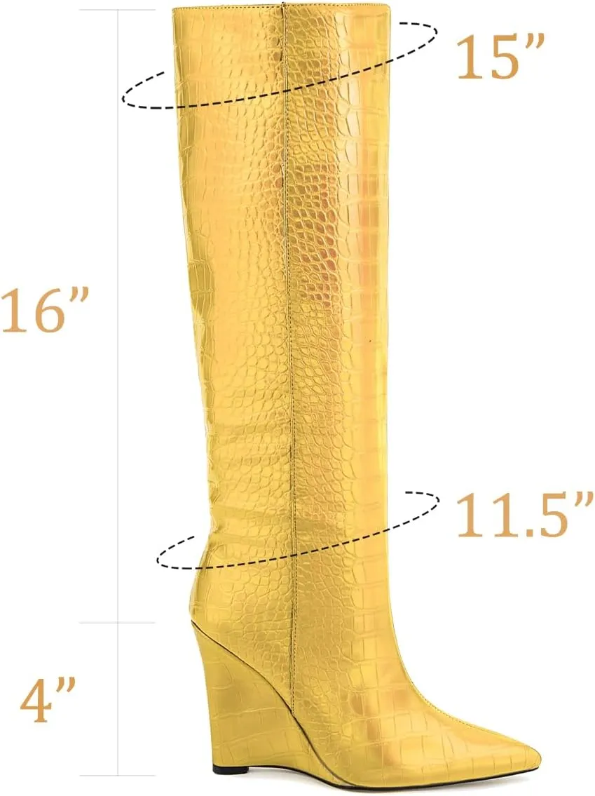 LEHOOR Women Wedge High Heel Knee High Boots Pointed Toe Side Zipper Combat Boots Patent Leather 4" Heels Crocodile Boots Tall Pointy Toe Wide Calf Dress Boots Fall Winter Sexy Fashion 5-14 M US