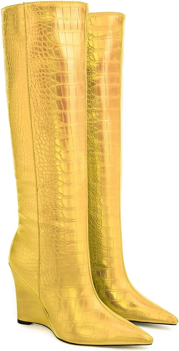LEHOOR Women Wedge High Heel Knee High Boots Pointed Toe Side Zipper Combat Boots Patent Leather 4" Heels Crocodile Boots Tall Pointy Toe Wide Calf Dress Boots Fall Winter Sexy Fashion 5-14 M US