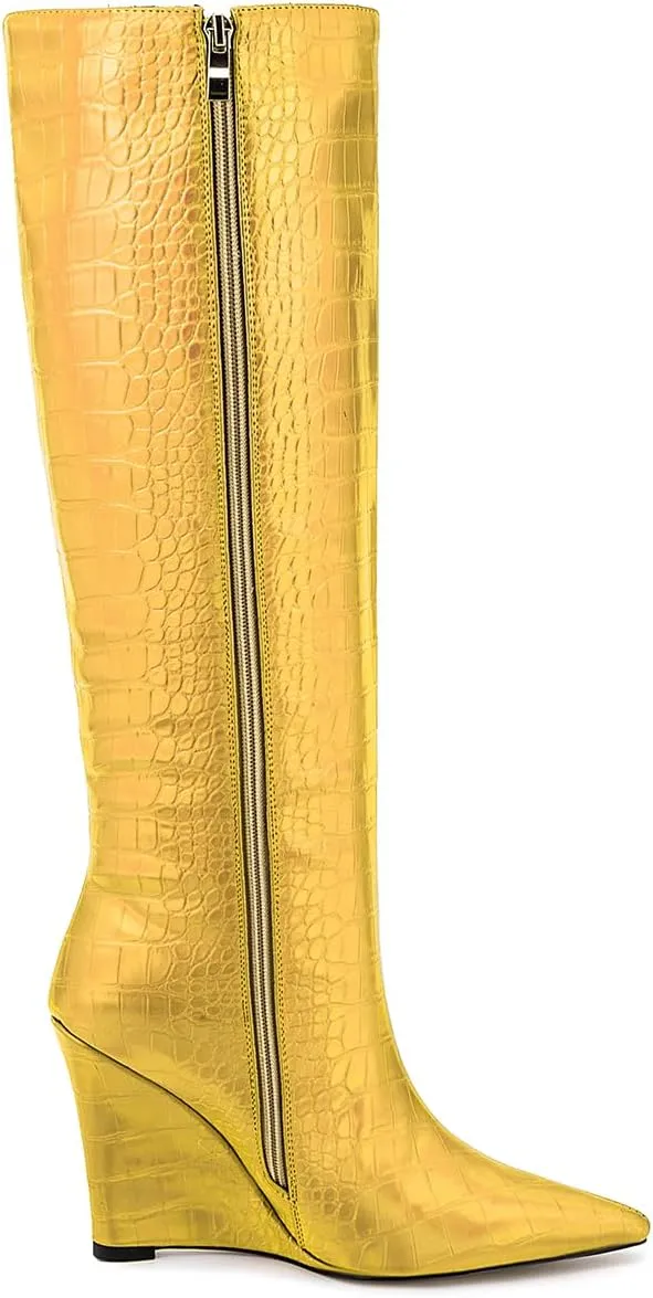 LEHOOR Women Wedge High Heel Knee High Boots Pointed Toe Side Zipper Combat Boots Patent Leather 4" Heels Crocodile Boots Tall Pointy Toe Wide Calf Dress Boots Fall Winter Sexy Fashion 5-14 M US
