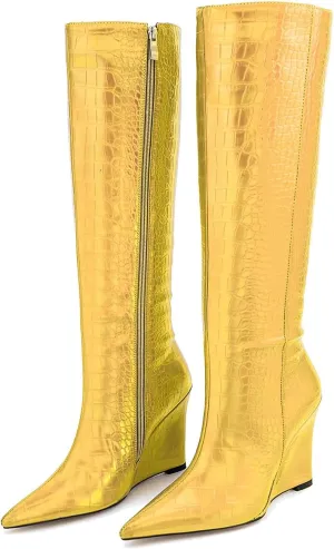 LEHOOR Women Wedge High Heel Knee High Boots Pointed Toe Side Zipper Combat Boots Patent Leather 4" Heels Crocodile Boots Tall Pointy Toe Wide Calf Dress Boots Fall Winter Sexy Fashion 5-14 M US