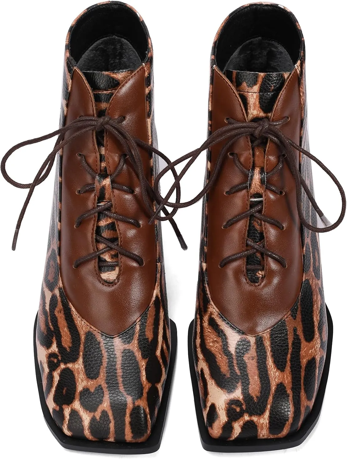 Leopard Print Boots For Women Square Toe Lace Up Ankle Wide Calf Booties Botas Para Mujer Leather Chunky Block Dress Warm Lined Cowboy Cowgirl Ladies 2 Inch High Heels