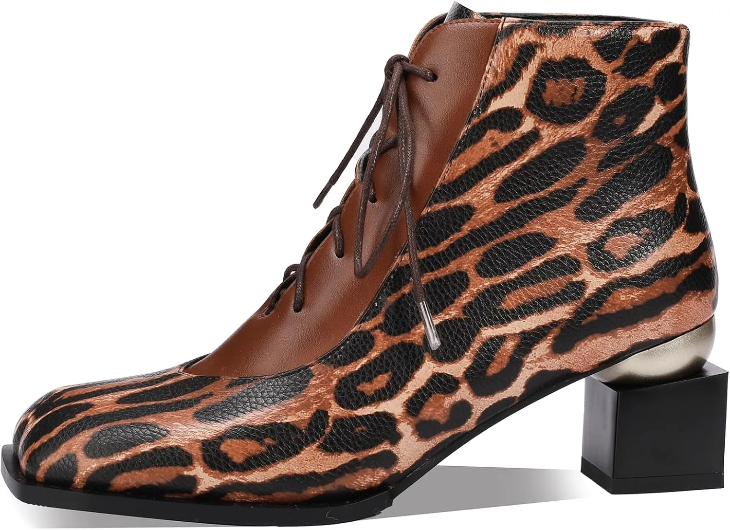 Leopard Print Boots For Women Square Toe Lace Up Ankle Wide Calf Booties Botas Para Mujer Leather Chunky Block Dress Warm Lined Cowboy Cowgirl Ladies 2 Inch High Heels