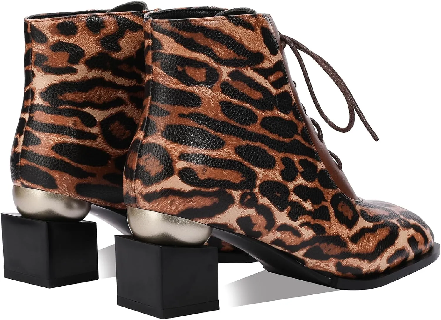 Leopard Print Boots For Women Square Toe Lace Up Ankle Wide Calf Booties Botas Para Mujer Leather Chunky Block Dress Warm Lined Cowboy Cowgirl Ladies 2 Inch High Heels