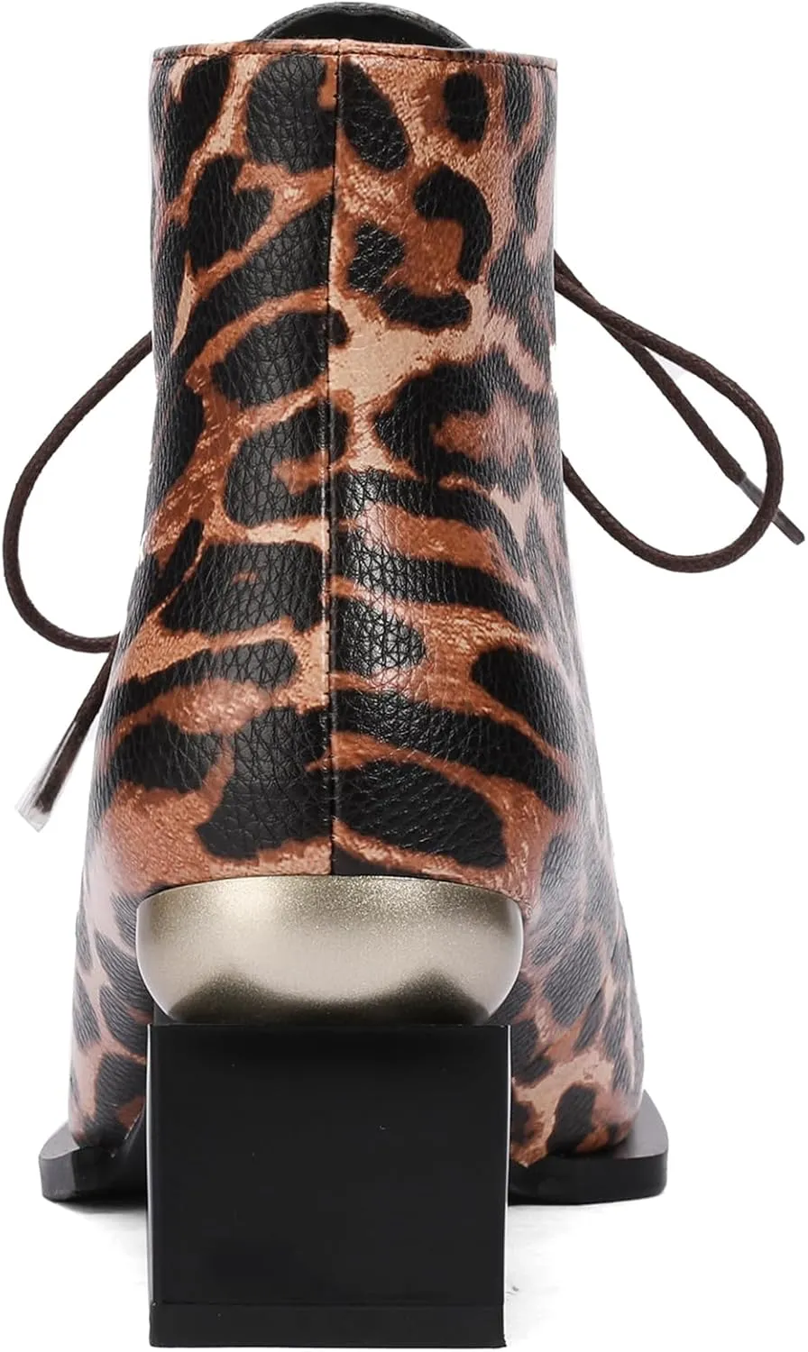 Leopard Print Boots For Women Square Toe Lace Up Ankle Wide Calf Booties Botas Para Mujer Leather Chunky Block Dress Warm Lined Cowboy Cowgirl Ladies 2 Inch High Heels