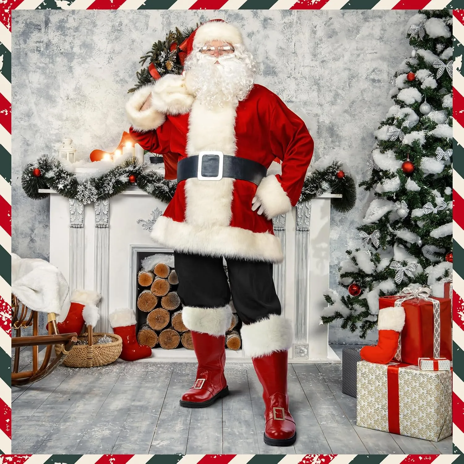 Liitrsh Christmas Santa Claus Boots Men's Wide Calf Santa Combat Boots with White Plush Cuffs Foot Bells Buckle Strap for Halloween Christmas Costume