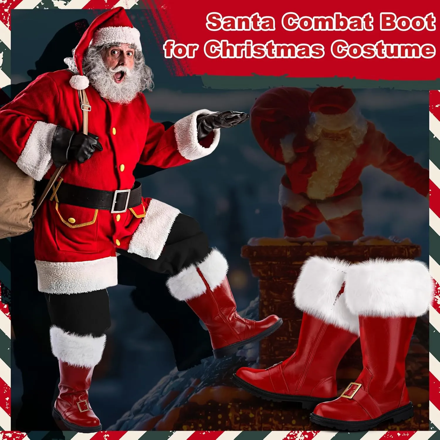 Liitrsh Christmas Santa Claus Boots Men's Wide Calf Santa Combat Boots with White Plush Cuffs Foot Bells Buckle Strap for Halloween Christmas Costume