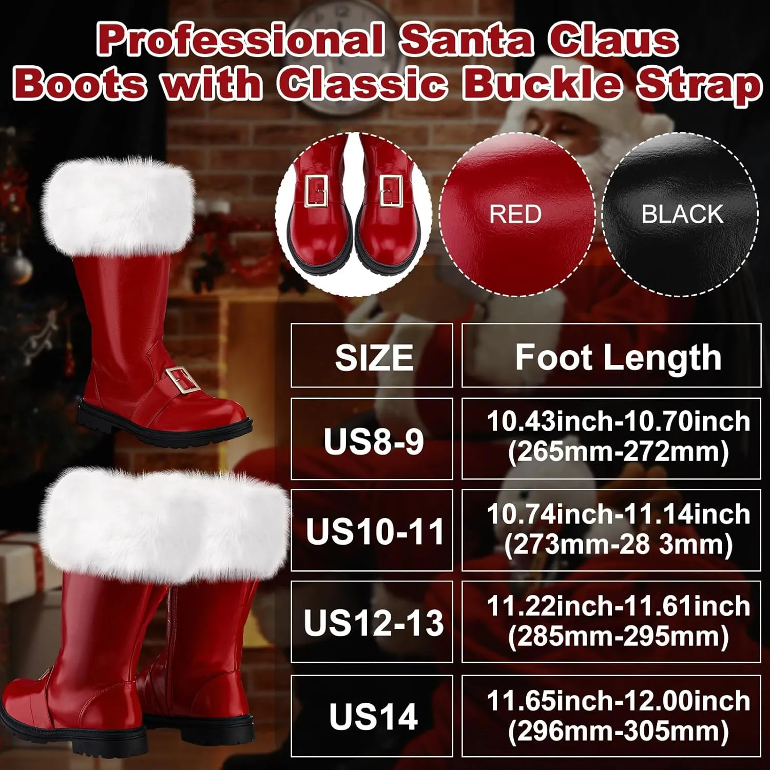 Liitrsh Christmas Santa Claus Boots Men's Wide Calf Santa Combat Boots with White Plush Cuffs Foot Bells Buckle Strap for Halloween Christmas Costume