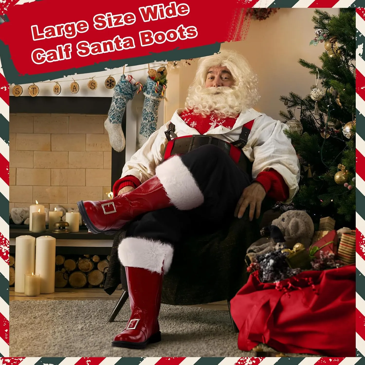 Liitrsh Christmas Santa Claus Boots Men's Wide Calf Santa Combat Boots with White Plush Cuffs Foot Bells Buckle Strap for Halloween Christmas Costume