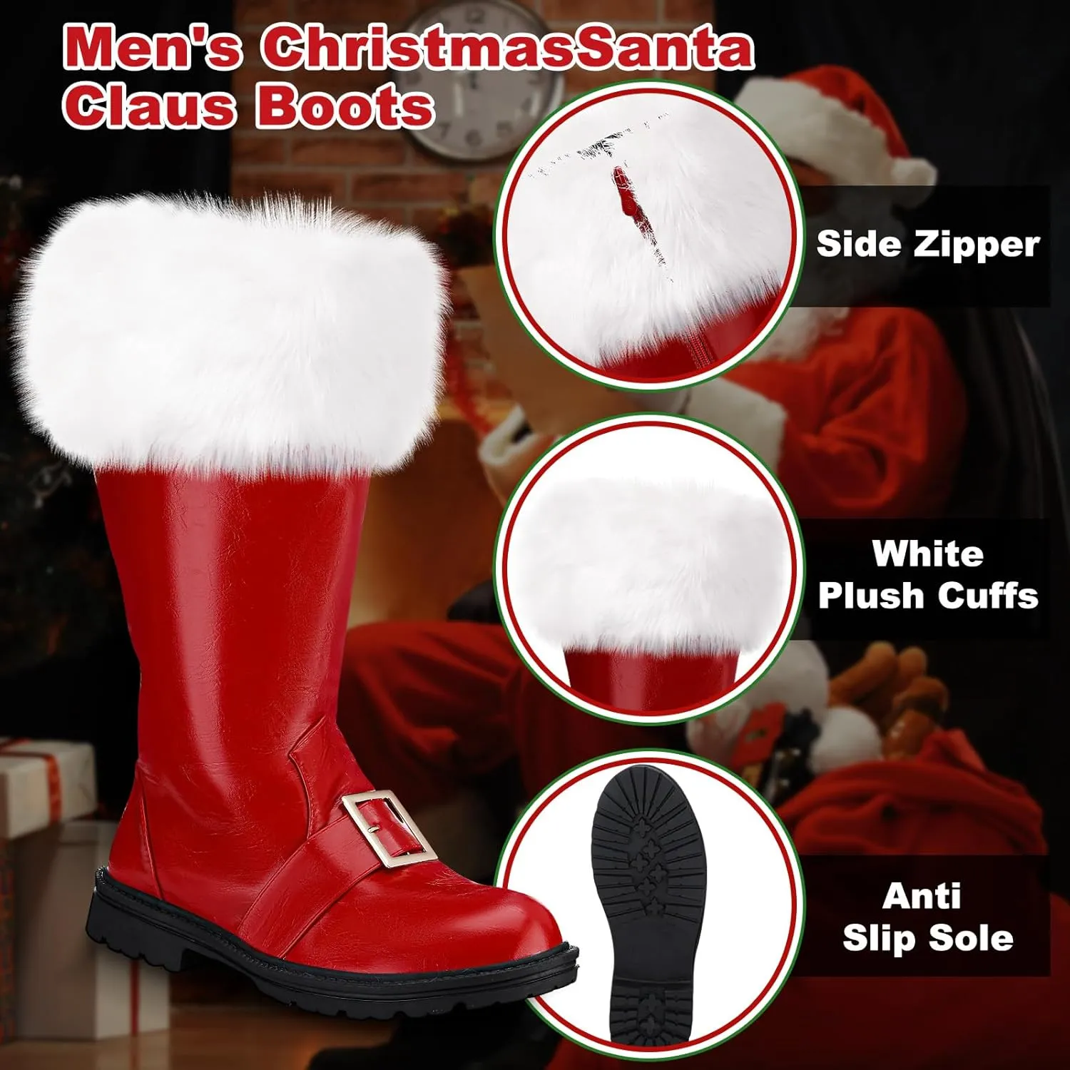 Liitrsh Christmas Santa Claus Boots Men's Wide Calf Santa Combat Boots with White Plush Cuffs Foot Bells Buckle Strap for Halloween Christmas Costume