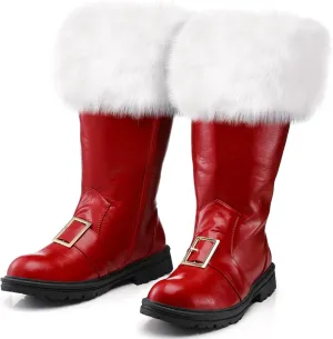 Liitrsh Christmas Santa Claus Boots Men's Wide Calf Santa Combat Boots with White Plush Cuffs Foot Bells Buckle Strap for Halloween Christmas Costume