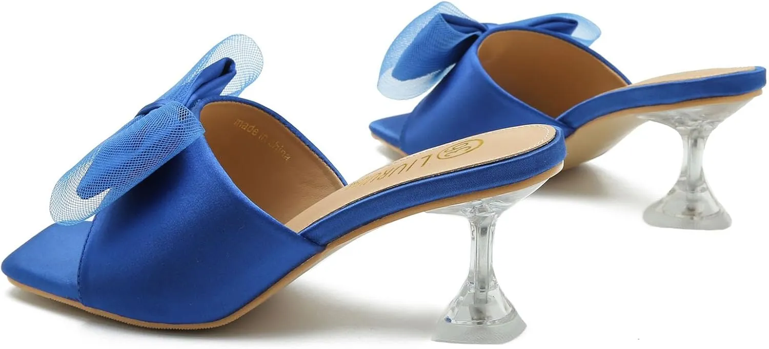 LIURUIJIA Women's Bow Heels Mules Sandals Square Toe Slip On Low Kitten Heels Wedding Bridal Dress Shoes