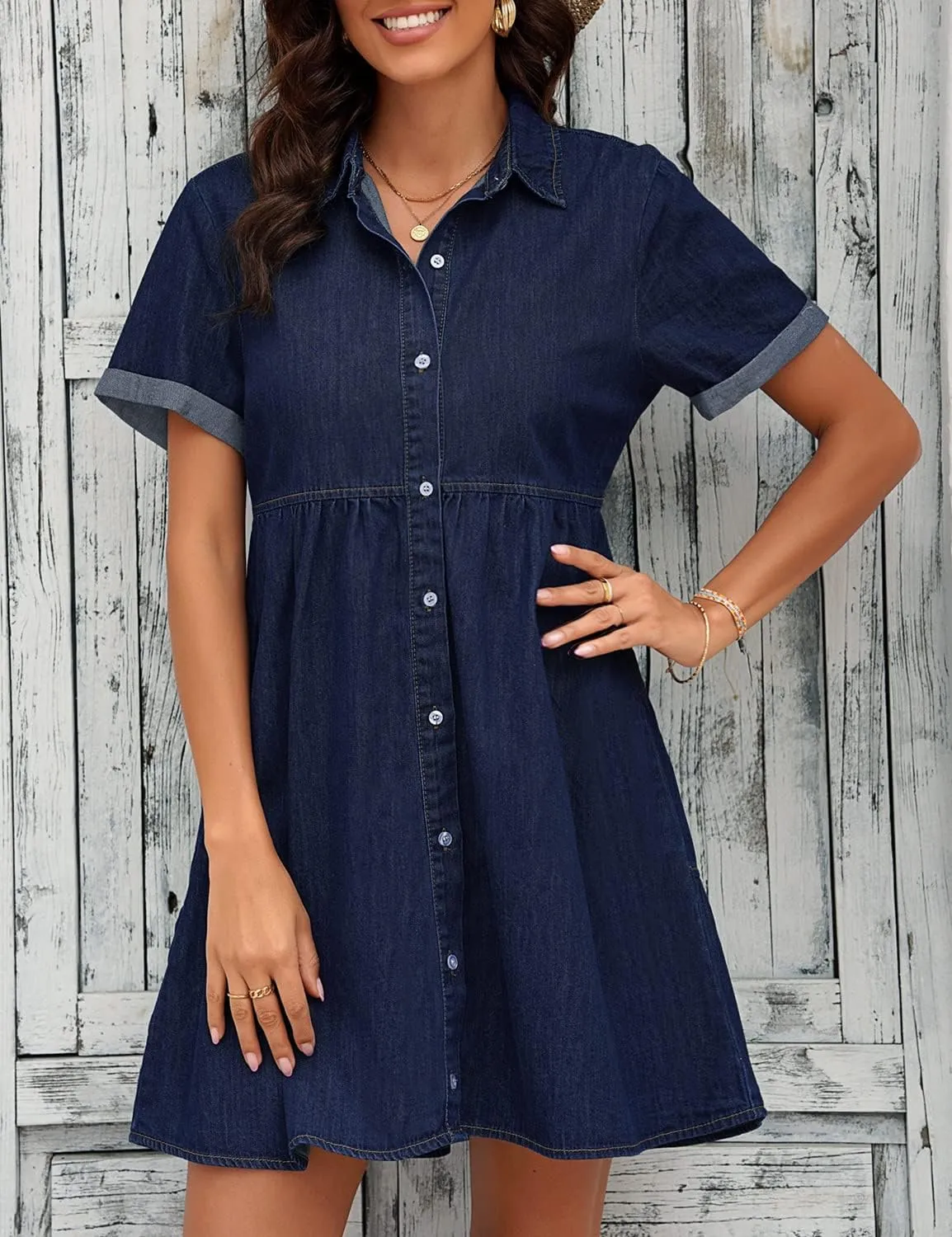 LookbookStore Women's Short Sleeve Button Down Flowy Tiered Babydoll Denim Dress