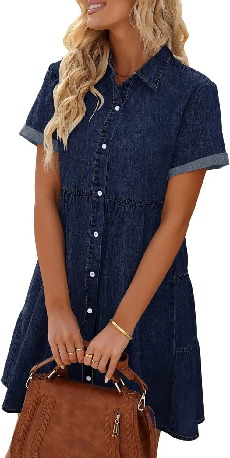 LookbookStore Women's Short Sleeve Button Down Flowy Tiered Babydoll Denim Dress